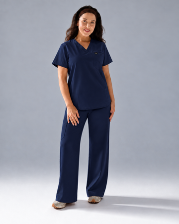 Navy High Waist Wide Leg Pant and Curved Hem Top Bundle