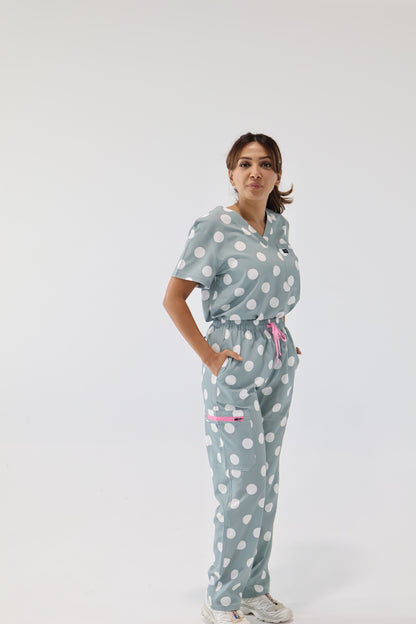 Polka Dot Sage Top and Pant Set (Sage Zipper)