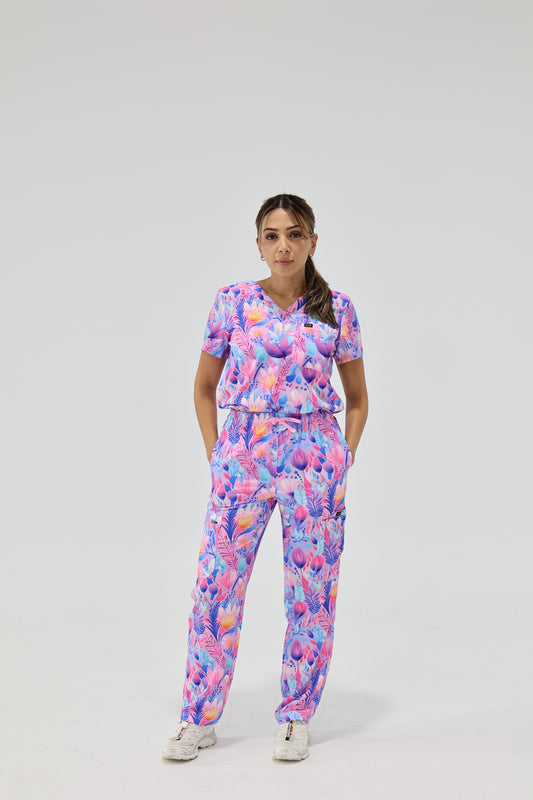 Purple Blossom Scrub  Top and Pants Set