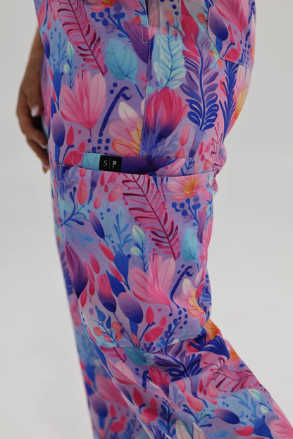 Purple Blossom Scrub  Top and Pants Set